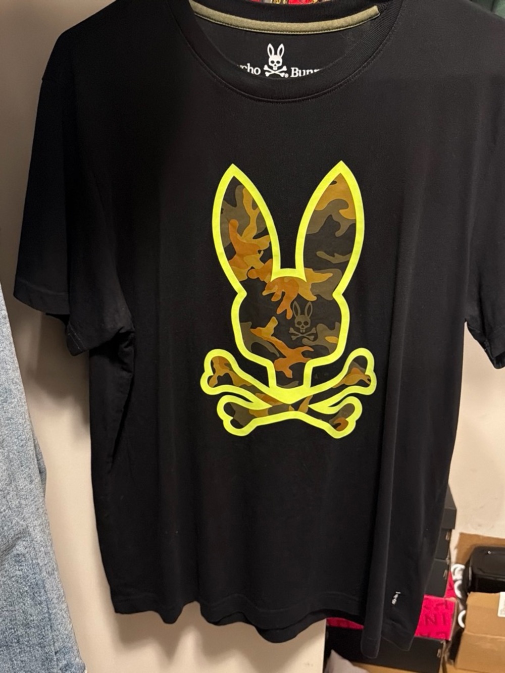 Psycho Bunny Black Tee with Camo Bunny Logo and Neon Trim